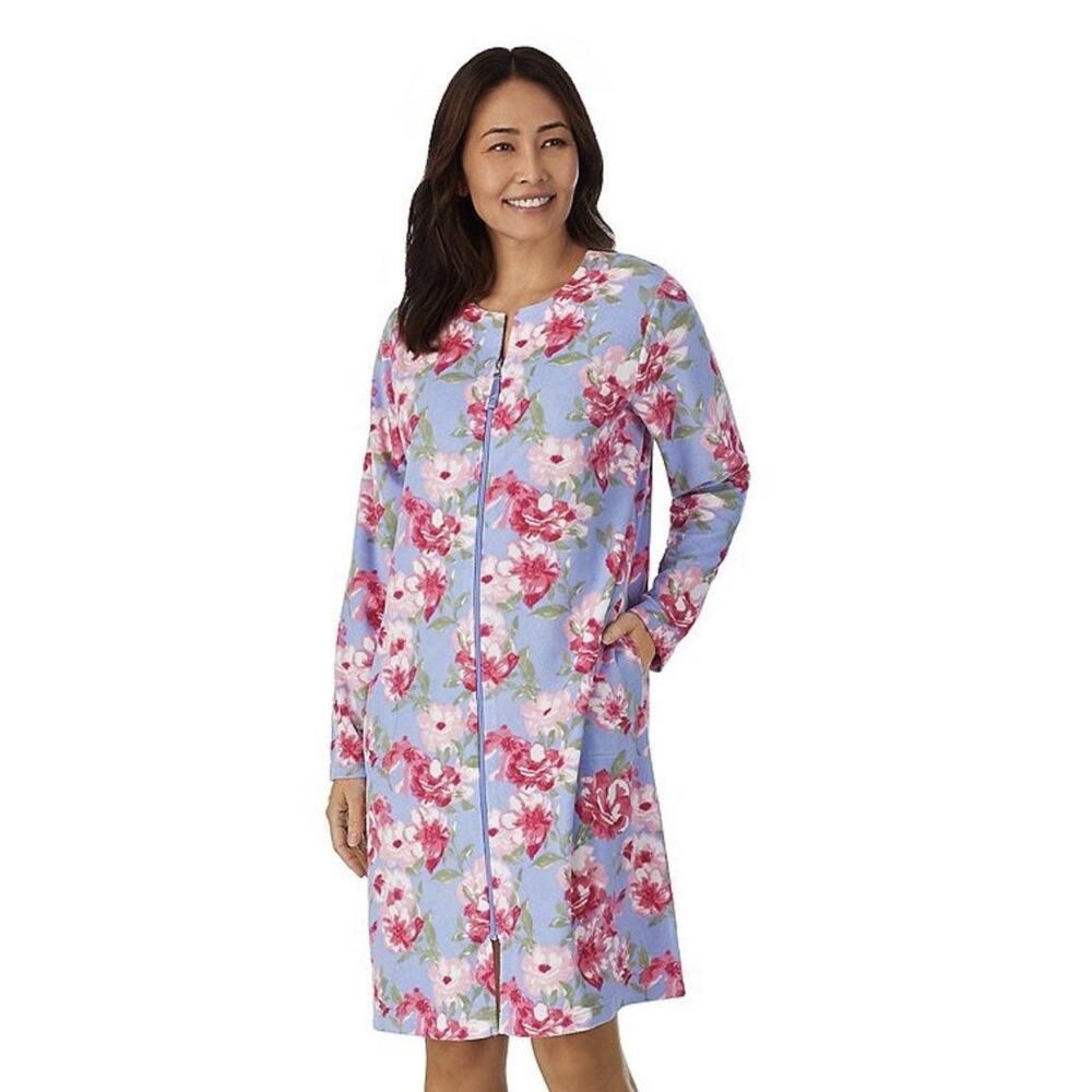 Stan Herman Robe Womens 3X Blue Floral Fleece Zip Front Long Sleeve Kaftan